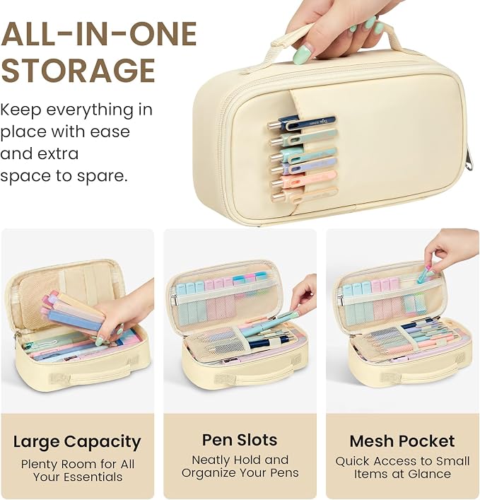 Cute Pencil Case With Supplies, 39 PCS Aesthetic Stationery Set with Pencil Pouch, 6 Black Ink Gel Pens, 12 Pastel Highlighters, 5 #2 HB Pencils, 4 Mechanical Pencils, Back to School Supplies - Beige