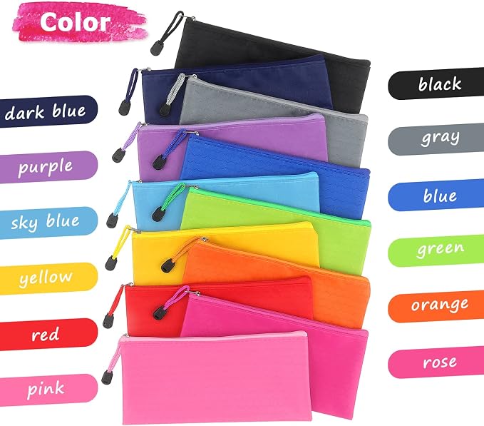 Tamaki 12 Pack Zipper Pouch, Bulk Waterproof Pouch Cases | Multi-Purpose Organizer Bags for Office Supplies, Travel Accessories