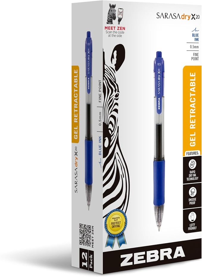 Zebra Pen Sarasa Dry X20 Retractable Gel Pens, 0.7mm Medium Point, Blue Ink with Rapid Fast Dry Ink Technology, Ideal for the Left-Handed, Eliminates Smudging and Smearing in Seconds, 12-Pack (46820)