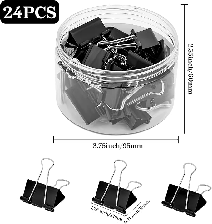 Temiary Binder Clips, Medium Metal Binder Paper Clip Black 1.26Inch, 24 Pcs | Paper Clamps with Clear Storage Container, Binding Paperwork Clamps for School Teachers Office Supplies