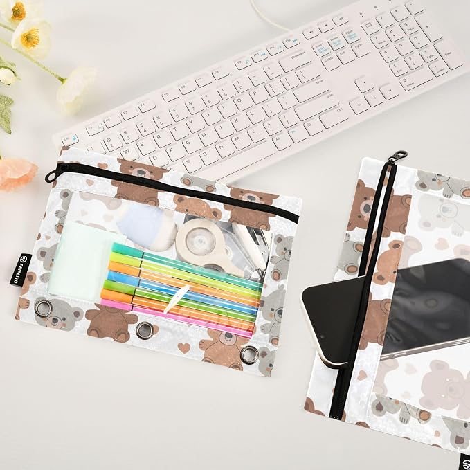Cute Teddy Bears Pencil Pouch for 3 Ring Binder 2 Pack Zipper Binder Pencil Bag Case with Clear Window Office School Supplies