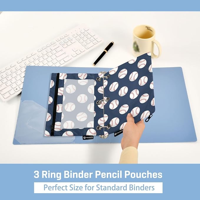Baseball Pencil Pouches for 3 Ring Binder, Zipper Binder Pencil Case, 2 Pack Clear Window Case Bag for Office Organizers
