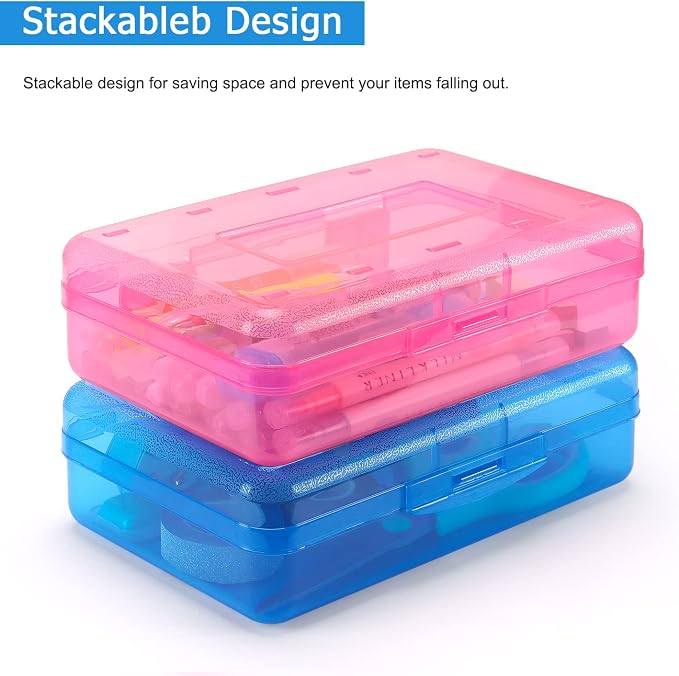 Tamaki 1 Pack Plastic Pencil Box Large Capacity, Blue, Green, Pink | Clear Boxes with Snap-tight Lid Stackable Design and Stylish Office Supplies Storage Organizer