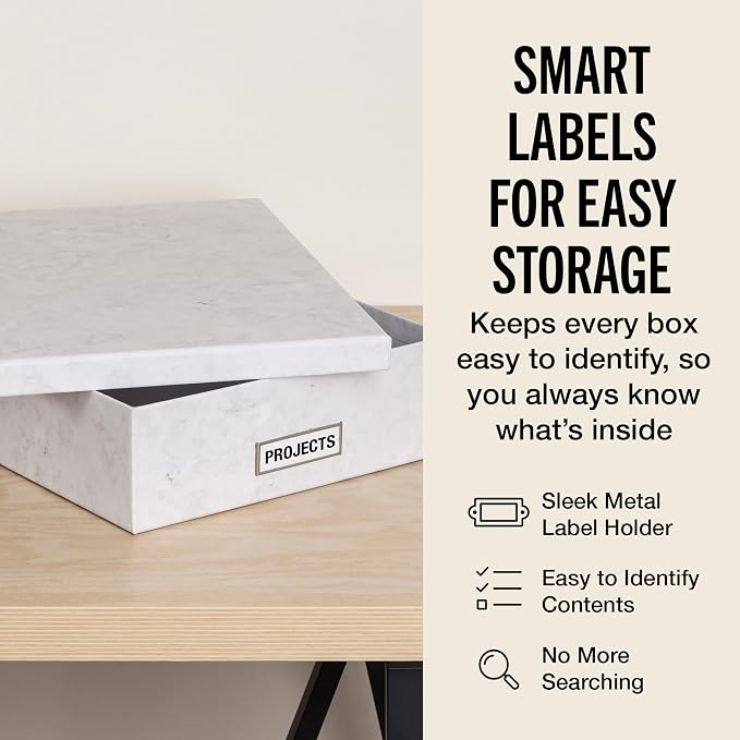 Bigso Oskar Fiberboard Label Frame Document Letter Box for Important Paperwork A4 or Letter Size - Durable Keepsake Box with Lid and Metal Label Holder - 3.3in x 10.2in x 13.8in - Marble