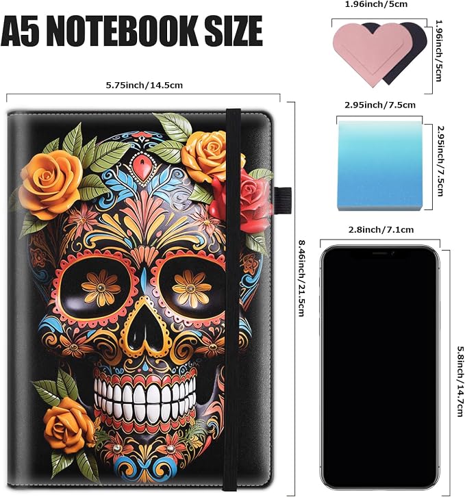 Hardcover Executive Notebooks, A5 PU Leather Lined Journal Notebook, 200 Pages Thick Paper Subject Notebooks for School,Work,Home Writing Business Notebook, Diary Book ， Sugar Skull Rose