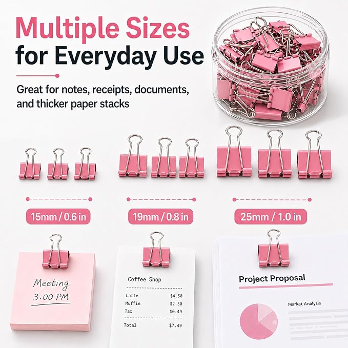 Binder Clips Assorted Sizes, Morandi Colors, Durable Metal Binder Clips for Office, Cute Desk Supplies for Teachers Student (Pink - 1 Box)