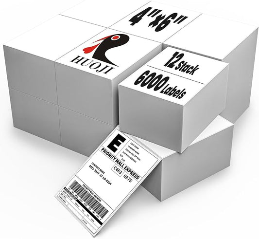 6000 4x6 Thermal Labels 500/Stack, HUOJI Shipping Thermal Labels 4x6 Fanfold Compatible with Rollo, Zebra, MUNBYN Printers (Commercial Grade)