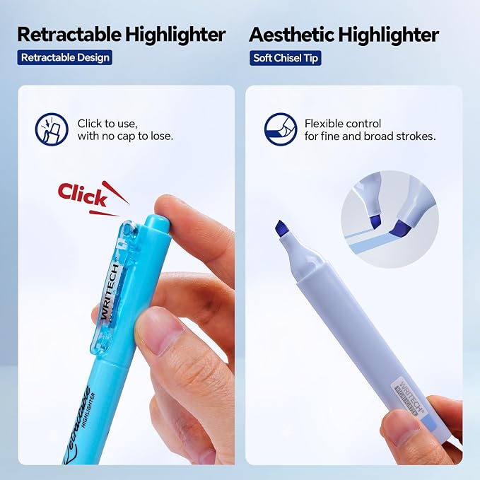 WRITECH Gel Pens Journaling Highlighters: Blue Journal Set Assorted Pastel Color 0.5mm&0.7mm Fine Point Retractable Black Ink Pen Mechanical Pencil Smooth Writing Drawing 8ct
