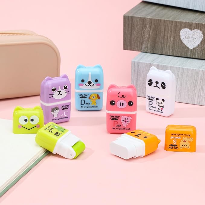 Mr. Pen- Cute Animal Eraser with Clean Up Roller and Cover, 6 Pack, Latex-Free, Rubber Pencil Erasers with Collector Rollers for Teens & Kids, Teacher, Classroom, School Supplies, Party Favor