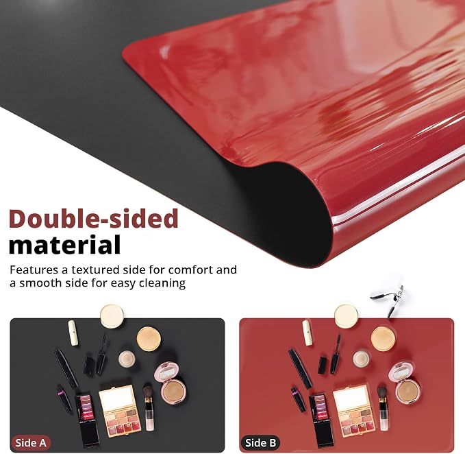 LovePads Makeup Mat for Vanity, 14 x 24 Dual-Sided Desk Pad & Vanity Cover Top, Waterproof PVC Protector Mat for Dresser, Nail Art, Craft Table (Black+Red)