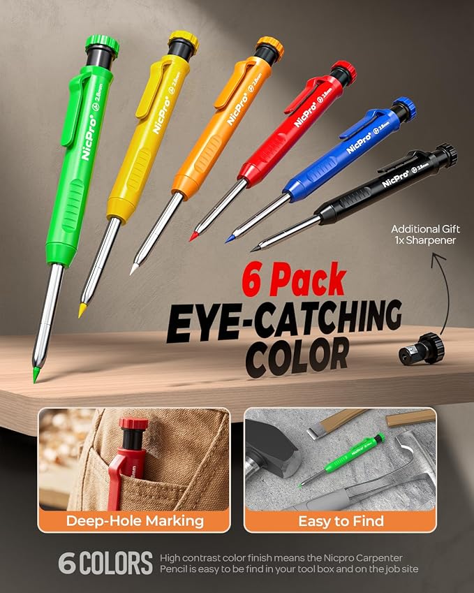 Nicpro 12 Pack Carpenter Pencil with Sharpener, Mechanical Pencils Set with 52 Refills, Deep Hole Marker for Construction, Heavy Duty Woodworking Tools for Architect (Red, Black, Yellow, Blue, Orange)