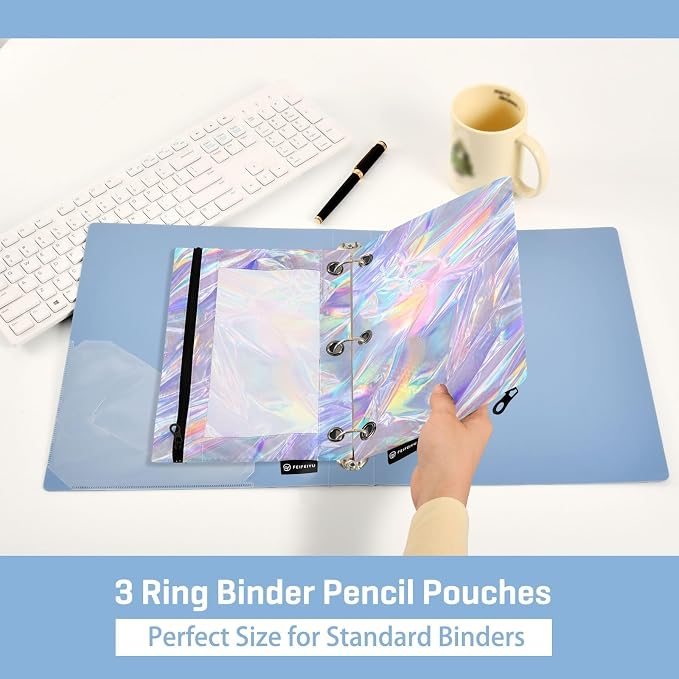 ALAZA Holographic Neon Iridescent Pattern Pencil Pouch for 3 Ring Binder 2 Pack Zipper Binder Pencil Bag Case with Clear Window Office Supplies