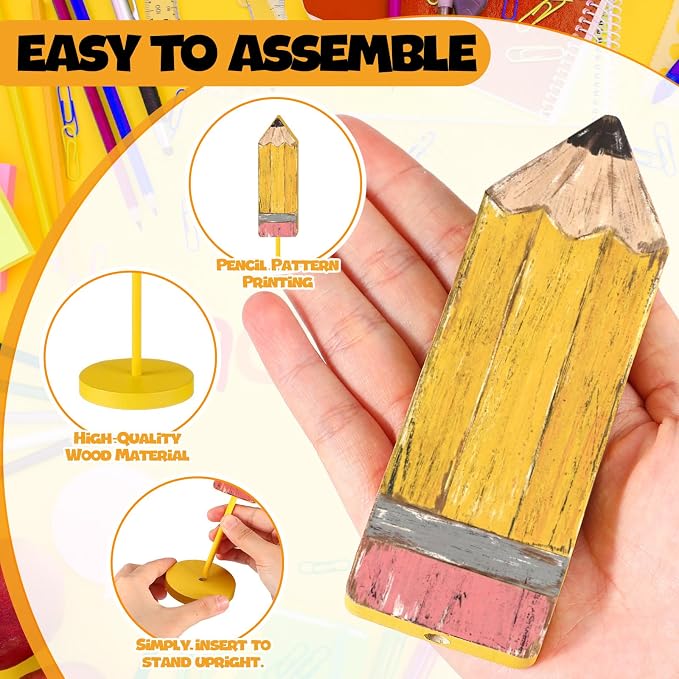 6 Pcs Back to School Table Decor Wooden Pencil Table Centerpieces Farmhouse Rustic Pencil Decorations for First Day of School Classroom Desk Home Shelf Tiered Tray Tabletop Decor
