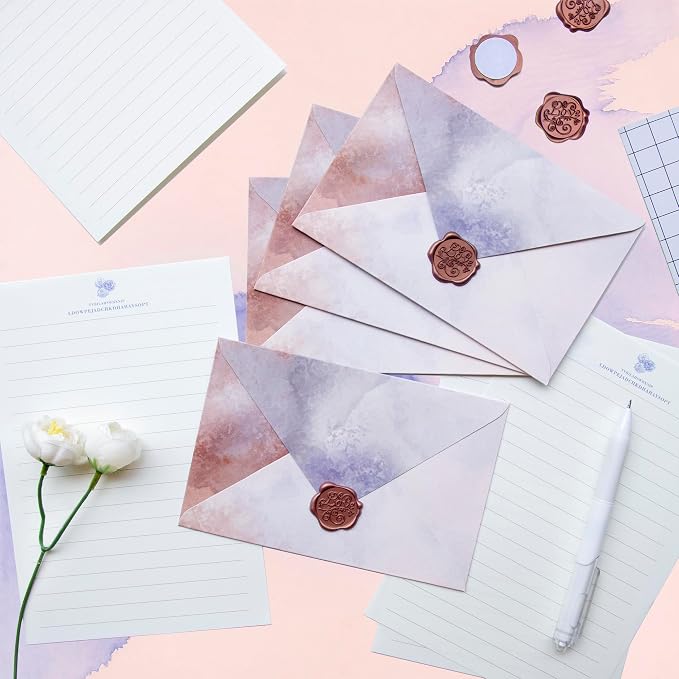 Tuhangcc Stationary Paper Set Minimalism - Hand Blended Colors, 12 Envelopes (4x6 in) & 24 Lined Paper for Wedding Love Letters, Invitations, Anniversaries (Cherry Blossom Mist)