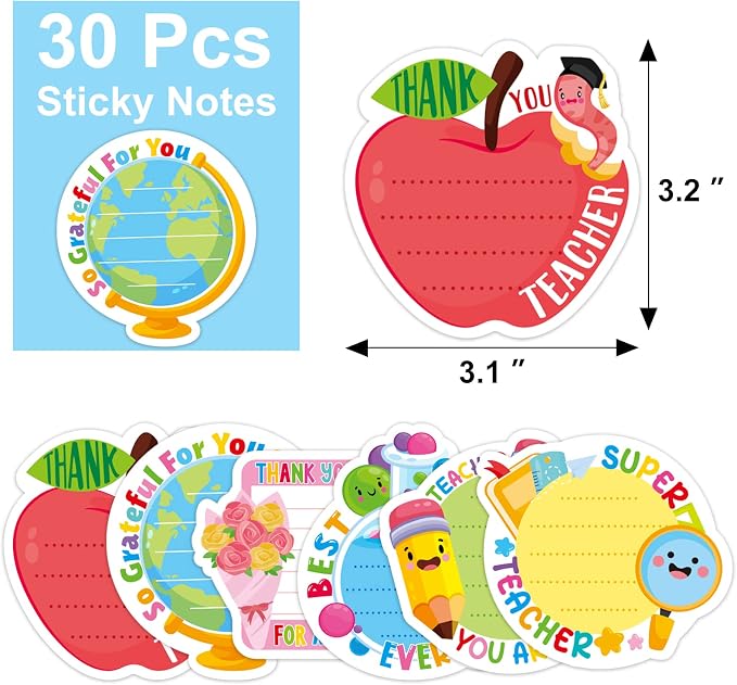 30 Pack Teacher Sticky Notes - 600 Sheets Teacher Notepads for Appreciation Gifts Colored Sticky Notes Cute Sticky Notes Pads for Teacher Thank You Gifts School Supplies