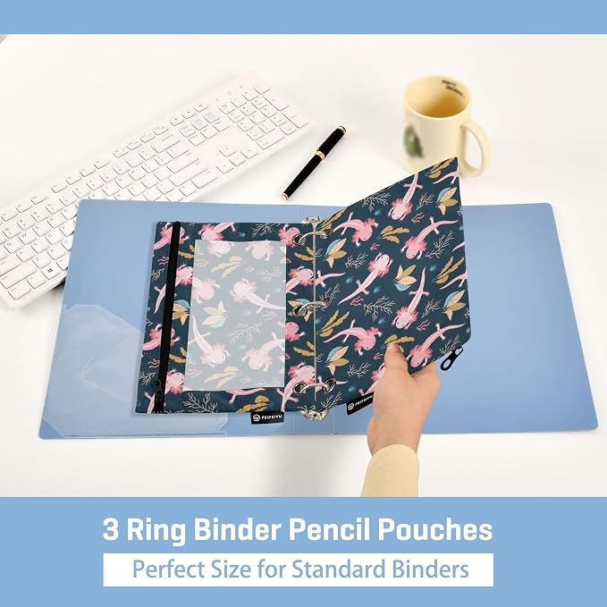 Axolotl Pencil Pouches for 3 Ring Binder 2 Pack | Binder Pencil Case With Zipper Reinforced GrommetsPencil Bags for Office Organizers
