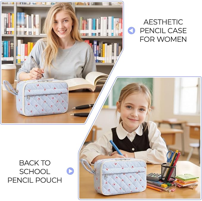 WOBAGMEN Quilted Pencil Pouch for Girls Women, Large Pencil Case Pouch with Compartments Cute Aesthetic Pencil Case Organizer, Floral Pencil Bag for School Supplies (Striped Cherry)