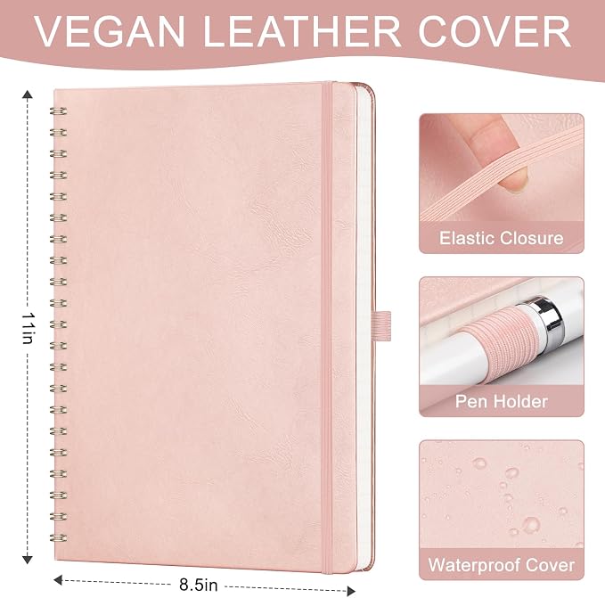 AHGXG Lined Spiral Journal Notebook, 110 Pages, A4 (8.5" x 11") | Journals for Women, Hardcover Leather Notebook College Ruled, 100 GSM Paper, for Work School Note Taking (Rose gold)