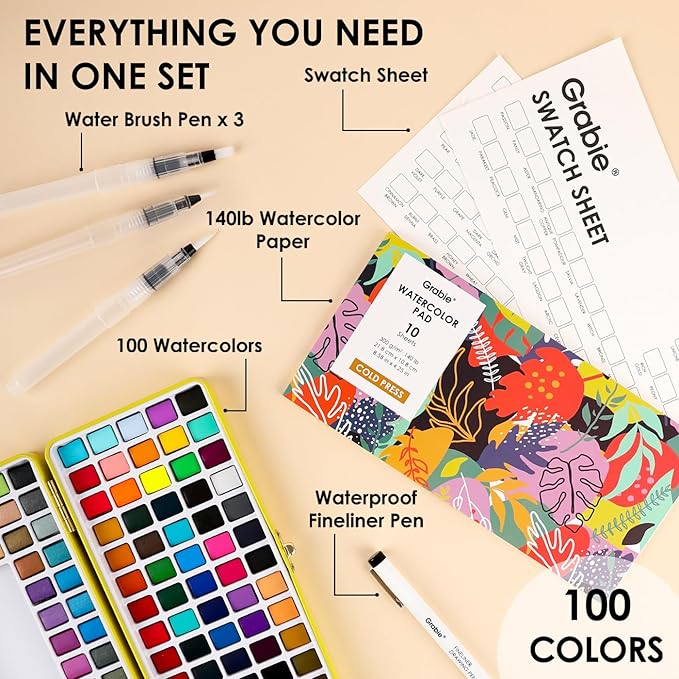 Grabie 100 Colors Premium All-In-One Watercolor Paint Set - 50 Essential, 35 Metallic, 10 Pastels, 5 Neon Hues - Portable Case, Brush Pens, Paper Pad, Waterproof Fineliner Pen, Beginner & Professional, Set of 100