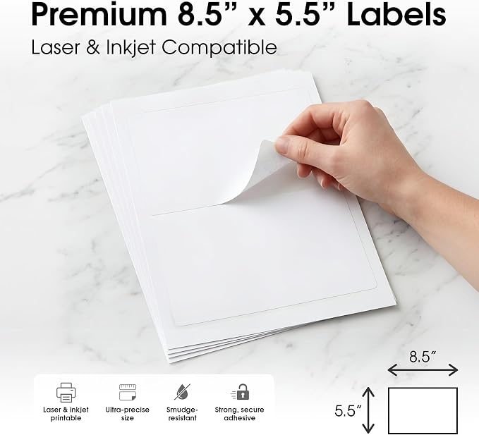 8.5" X 5.5" Matte White Printable Half Sheet Shipping Labels (500 Sheets, 1000 Stickers) Mailing and Address Labels for Laser & Inkjet Printers - Spartan Industrial Template R025