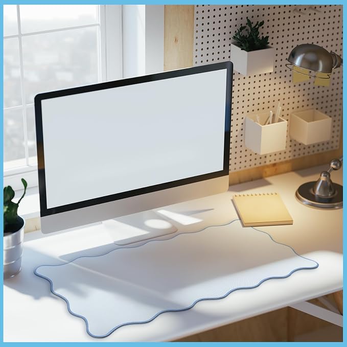 Hahafelt Scalloped Desk Mat Large Desk Pad Cute Coquette Table Mat Back to School Preppy Table Make up Pad Nonslip Graduation Gift with Stitching Waterproof Gaming(Blue,23.6 x 13.8 Inches)