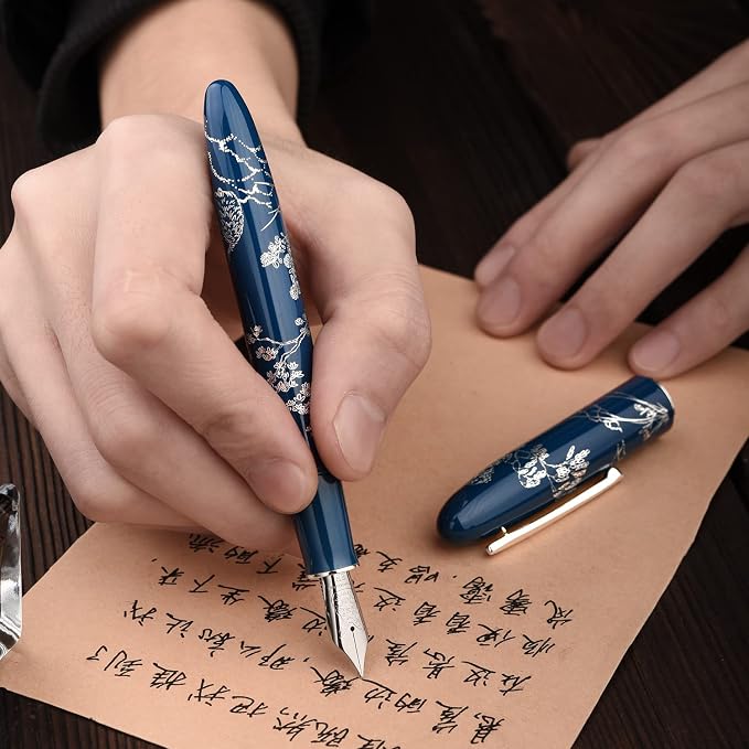 HONG DIAN N23 Blue Rabbit Fountain Pen, Iridium Extra Fine Nib Silver Trim, New Year Lucky Rabbit Carving Design, Smooth Writing Pen with Converter and Metal Pen Box Set