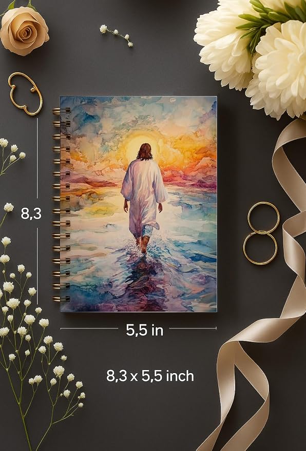 bitCNY Jesus Walking on Water Notebook 8.3x5.5 Inch – Watercolor Christian Spiral Journal, Inspirational Bible Verse Notebook, Lined for Notes & Prayer