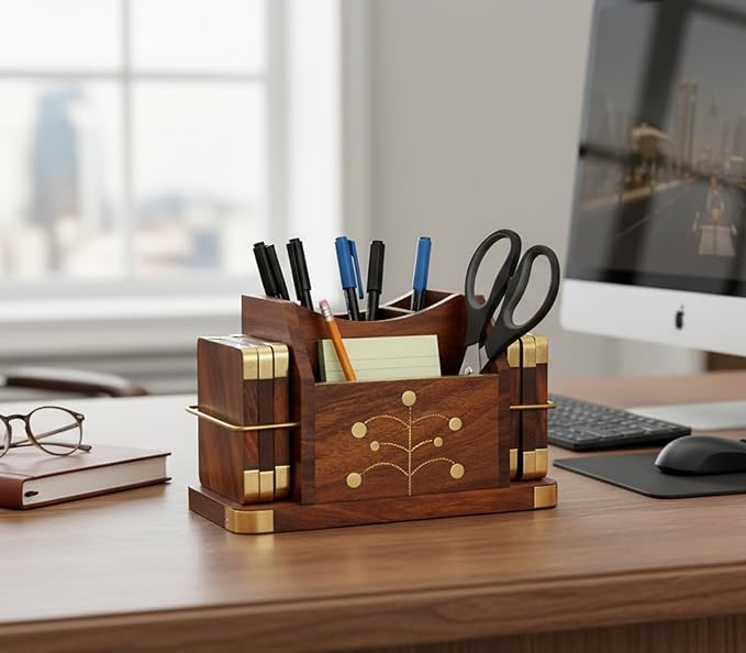 Stonkraft Wooden Rosewood Desk Organizer, Coasters Set, Pen Stand, Business Card Holder with Brass Work (Office Table Accessories)