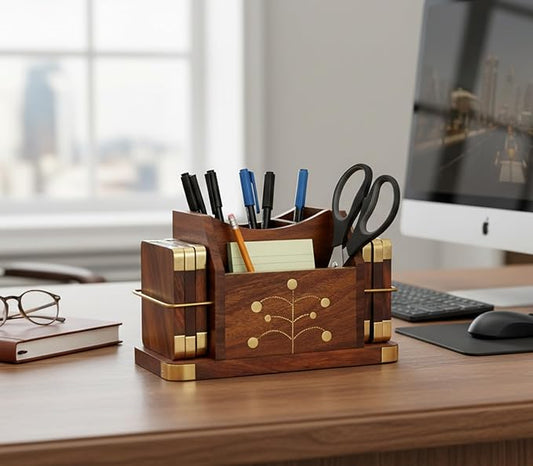 Stonkraft Wooden Rosewood Desk Organizer, Coasters Set, Pen Stand, Business Card Holder with Brass Work (Office Table Accessories)