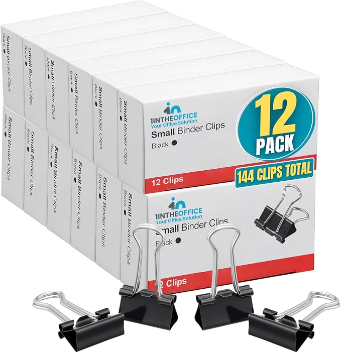 1InTheOffice Small Binder Clips, Paper Clamps, 38" Capacity, Black, 144 Pack
