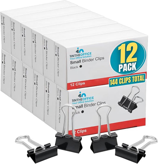 1InTheOffice Small Binder Clips, Paper Clamps, 38" Capacity, Black, 144 Pack