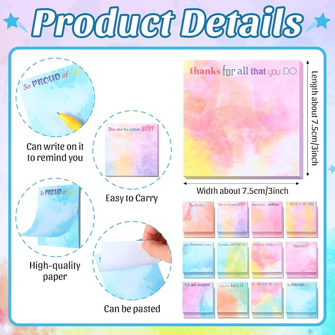 Yinder 24 Pcs Inspirational Sticky Notes, Back to School Supplies, Cute Motivational Sticky Notes Pad Employee Appreciation Gifts Bulk for Teacher Coworker Office 3 x 3'' (Thank You,Water Color)