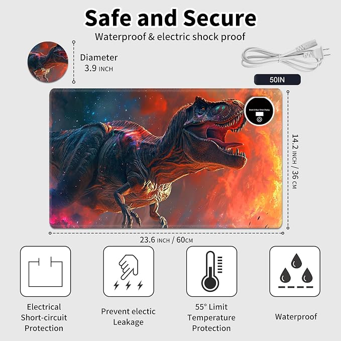 Heated Desk Pad Mouse Pad,Heated Desk Mat,with 3 Heating Levels & 3 Hours Auto Shut-Off,Leather 23.6"*14.2" Gaming Mouse Laptop Mat,Foot Warmer,Dinosaur Glitter Sunset