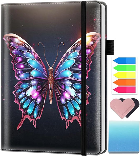 A5 Leather Lined Journal Notebook, 200 Pages Hardcover Executive Notebook for Men Women Office School Note Taking, Thick Writing Paper Daily Journal with Bookmarks/Indexes, Colorful Butterfly