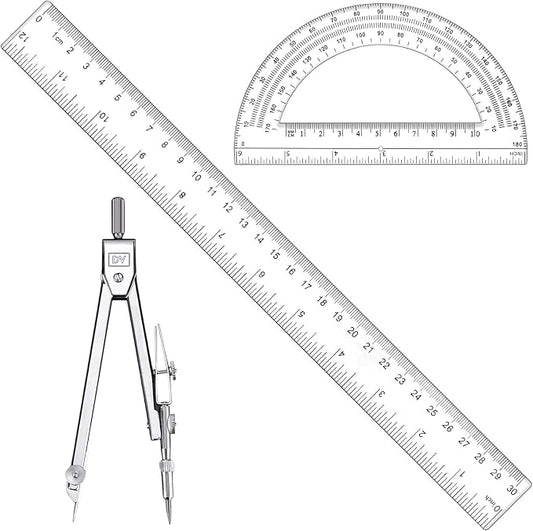 3 Pcs Clear Protractor and Compasses Set, Plastic Clear Ruler 12 Inch | Professional Geometry Set, 6 Inch Protractor ,Durable Transparent Drawing Measuring Rulers for School Office