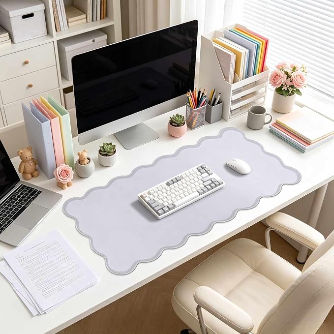 yuboo Grey Scalloped Desk Mat, 31" x 15.7" Large Waterproof Pastel Desk Mat Cottagecore Aesthetic Desk Pad Desktop Keyboard Mouse Mat for Dorm Office Gaming Decor