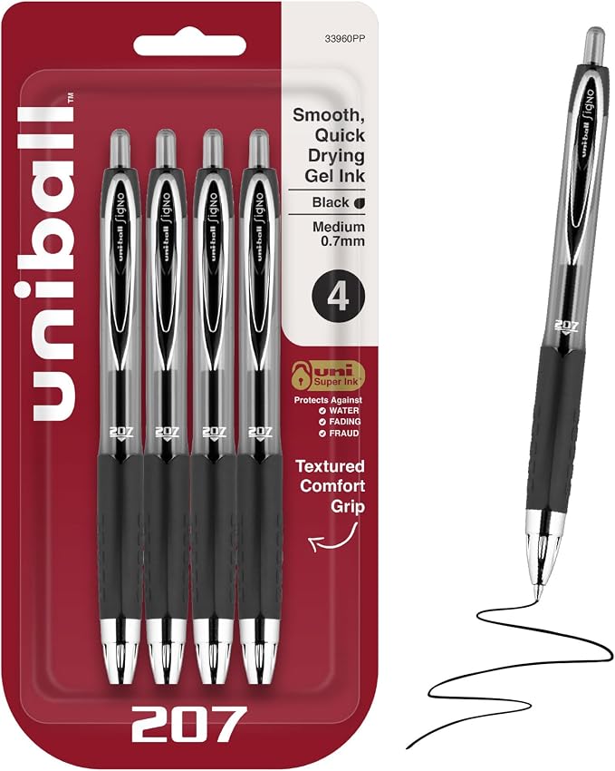 uni-ball® 207™ Retractable Fraud Prevention Gel Pens, Medium Point, 0.7 mm, Black Barrels, Black Ink, Pack of 4