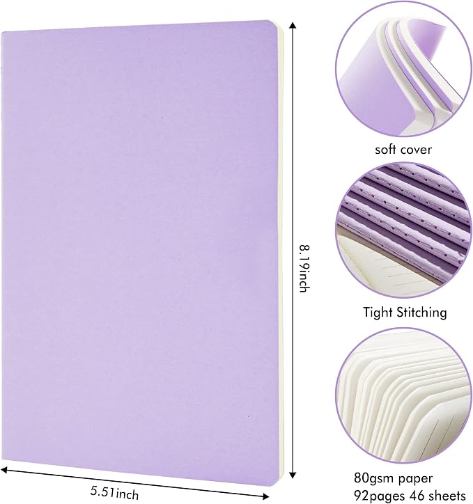 feela 8 Pack Soft Cover Journal Bulk, Notebooks College Ruled for Work, Lined Travel Journal for Women Men, Note Taking Notebook School Supplies Business Writing, 8.2” x 5.5”, A5, Light Purple