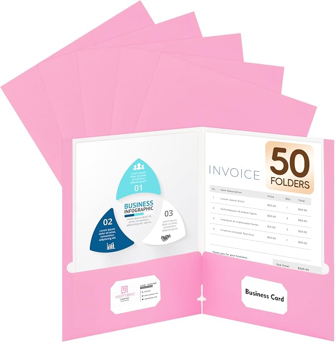 50 Packs Two Pocket Folders,Two Pocket File Folders with Business Card Slot,Pink,Letter Size,Paper Folders with Pockets for School Office Home Business