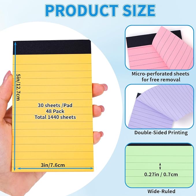 Oleitodh 48 Pack 3 x 5 Inch Note Pads 12 Colors Mini Memo Pads | 80GSM Lined Writing Pads with 30 Sheets Each, Small Pocket Notepads for Office, School, Teachers, Lists and Daily Notes
