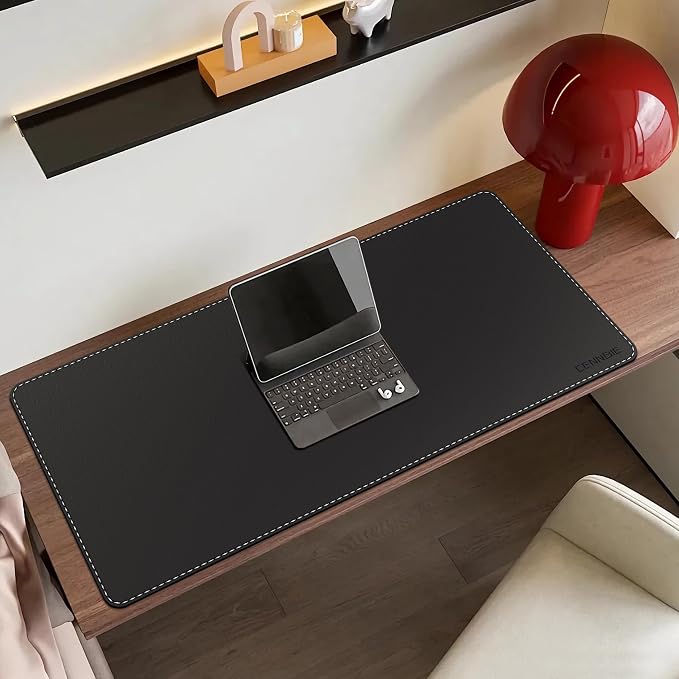 CENNBIE Leather Desk Mat Protector, 35.5" x 16" Office Desk Pad (Black) | Premium stitched edges resist wear. Easy to clean. Protects desk from spills, stains ,scratches. Smooth glide. Office & home.