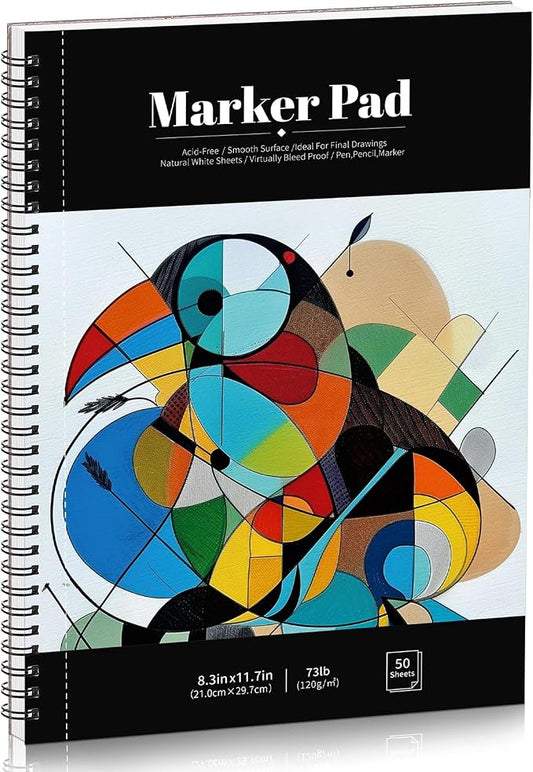 50 Sheets Marker Paper Pad, 8.3×11.7 Inch Bleedproof Art Sketch Pad, 73lb/120gsm Drawing Paper Spiral Sketch Book, Alcohol Marker Paper Painting Coloring Paper for Beginners, Artists, Gift