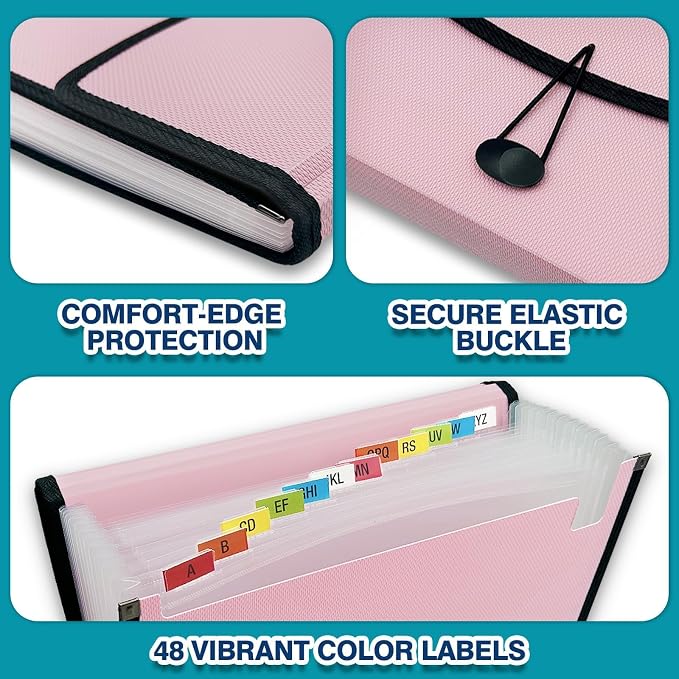 H4D 13-Pocket Accordion File Organizer, Expanding File Folder, Light Pink | Extra Back Mesh Pocket, Letter Size Paper, Pre-Printed and Customizable Labels, Expandable Document Organizer