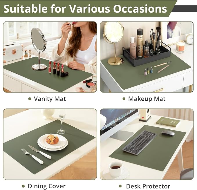 LovePads Makeup Mat for Vanity, 14 x 24 Dual-Sided Desk Pad & Vanity Cover Top, Waterproof PVC Protector Mat for Dresser, Nail Art, Craft Table (Green+Grey)