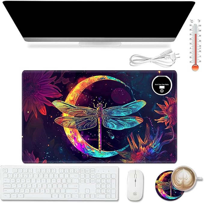Heated Desk Pad Mouse Pad,Heated Desk Mat,with 3 Heating Levels & 3 Hours Auto Shut-Off,Leather 23.6"*14.2" Gaming Mouse Laptop Mat,Foot Warmer,Glitter Dragonfly Moon