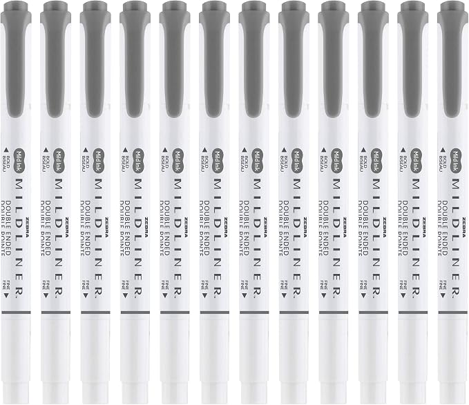 Zebra Pen MILDLINER No Bleed Highlighter, Dark Gray Color, Dual Tip, 12-Pk | Broad and Fine Point Tip Marker Set, Ideal for Bible Highlighting, Journaling, Office, School and Teacher Supplies (78510upc)