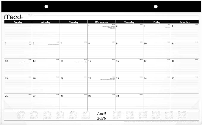 Mead Desk Calendar 2026-2027 Planning Pad, Academic 15-Month April-June, Monthly, 17.75" x 11" Compact, Ruled Daily Block (CAM82005)