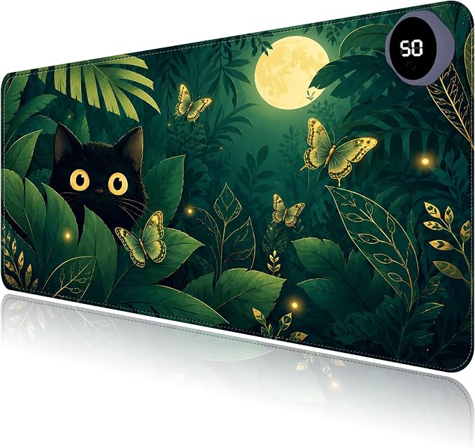 Large Heated Mouse Pad–23.6" x 14.2" Desk Mat for Office | 3 Adjustable Heat Levels,Auto Shut-Off After 3 Hours for Safety,Keeps Hands Warm While Working，Jungle Black Cat