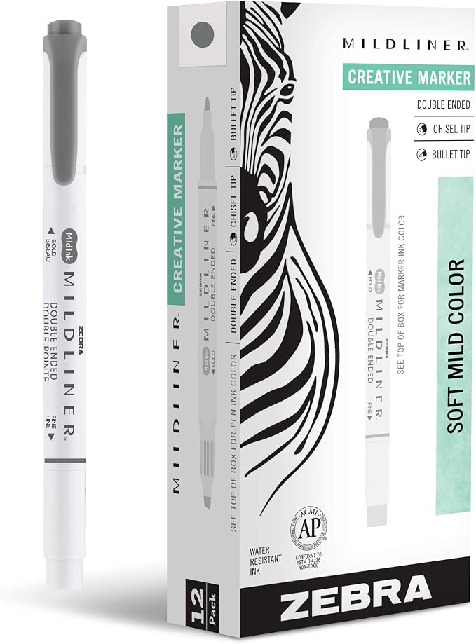 Zebra Pen MILDLINER No Bleed Highlighter, Dark Gray Color, Dual Tip, 12-Pk | Broad and Fine Point Tip Marker Set, Ideal for Bible Highlighting, Journaling, Office, School and Teacher Supplies (78510upc)