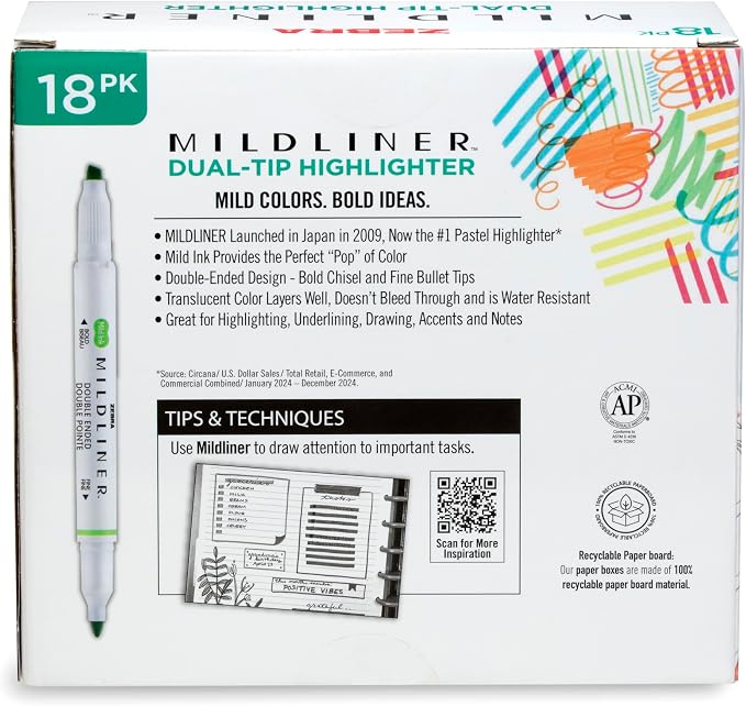 Zebra Pen Mildliner Double-Ended Highlighter Marker Set, Broad and Fine Point Tips, No Bleed, Ideal for Bible Highlighting Journaling, School and Office Supplies, 18 Assorted Colors, Pack of 18